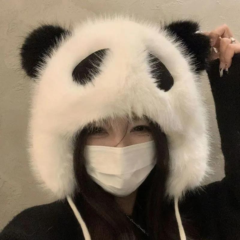 WTEMPO Winter Cute Cartoon Panda Shaped Faux Fur Warm Hats Windproof Cold-proof Thick Plush Ear Protection Soft Hats