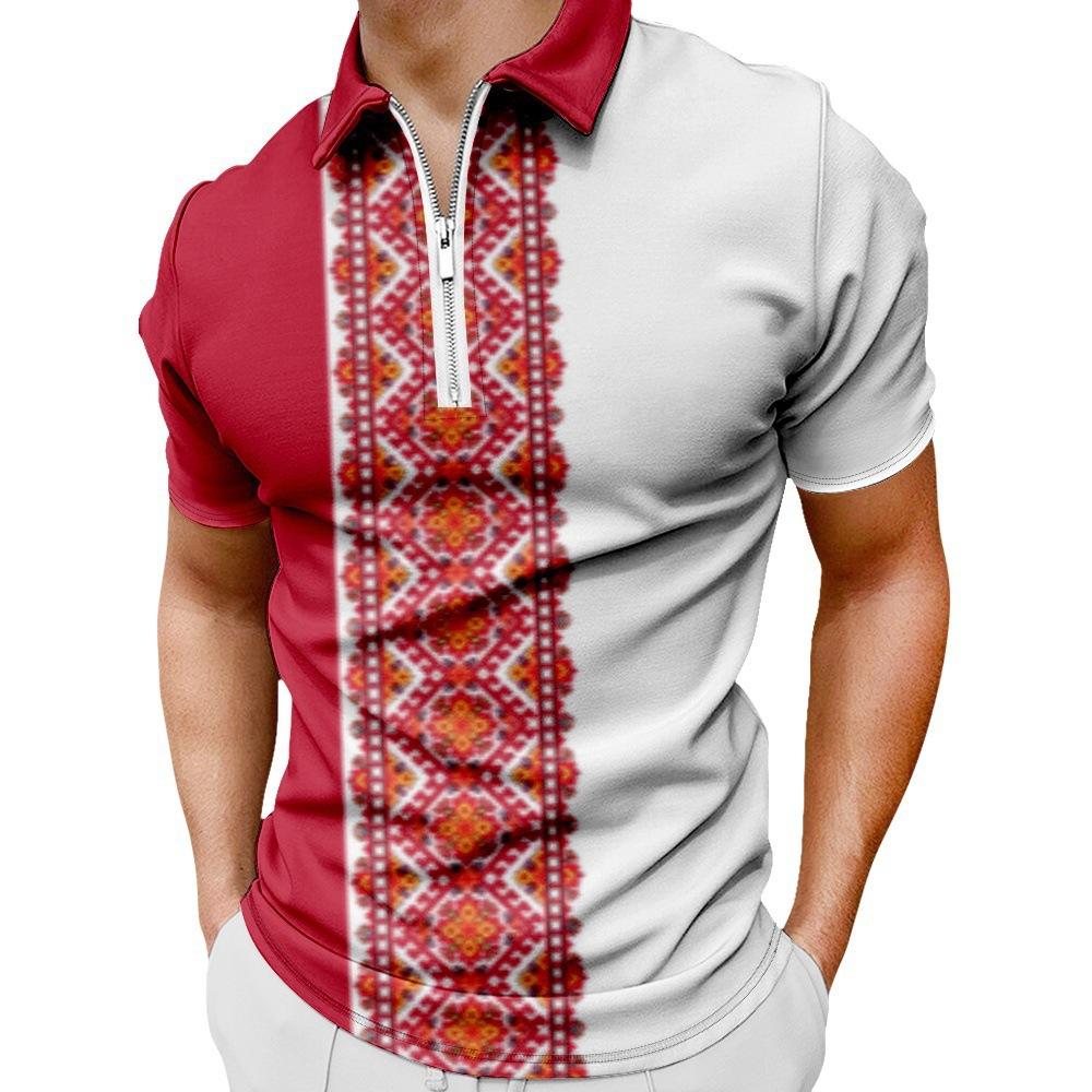 Men'S Casual 3D Digital Printing Short Sleeve Zipper Polo Shirt Men'S Clothing