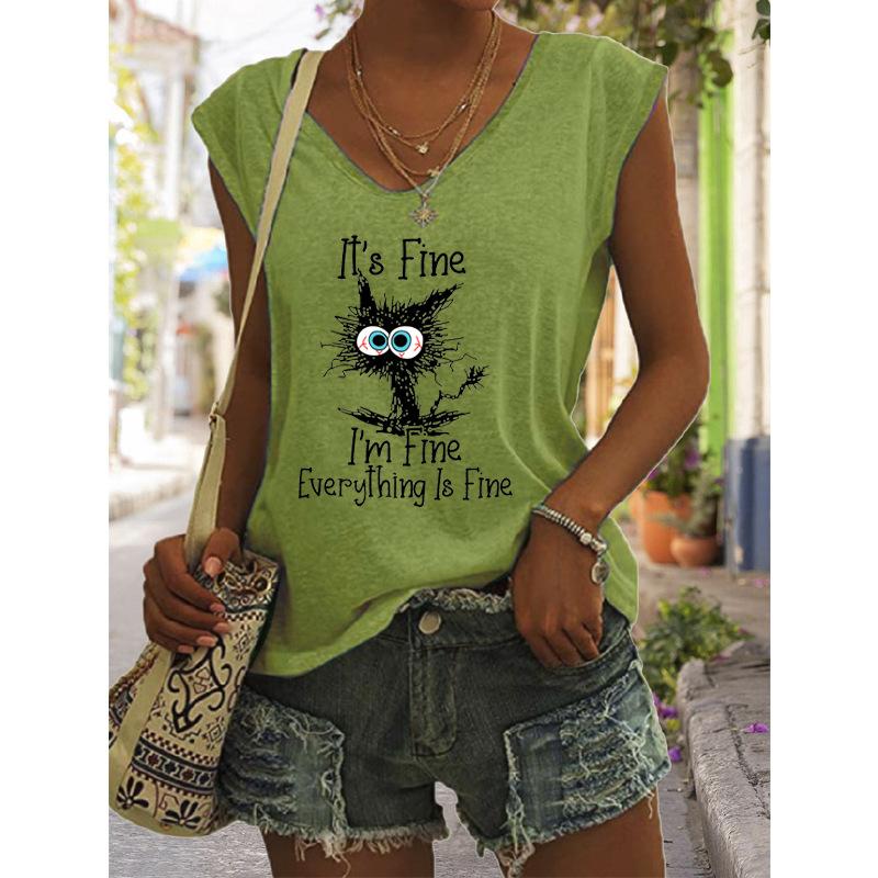Gilet ample à manches courtes et col en V imprimé chat noir pour femme
