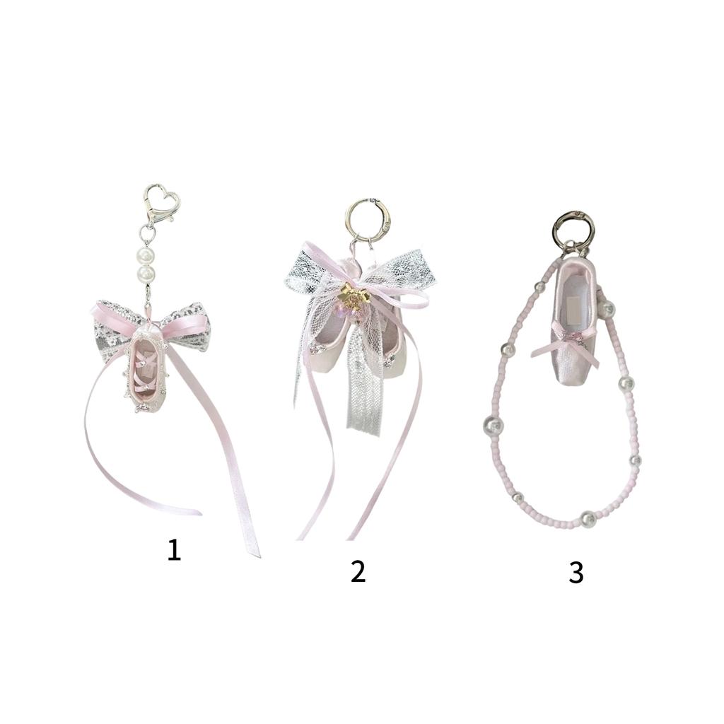 Girls Elegant Ballet Dance Shoe Keychain, Charm Pendnat Fashionable Bag Charm with Pearlescent Bowknot Designs