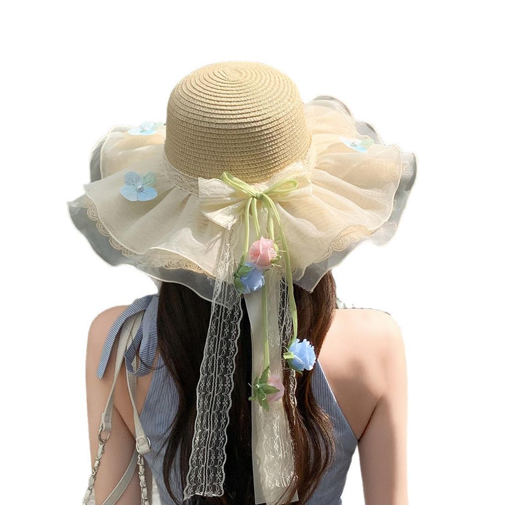 Sweet Bow Straw Hat Women's Summer Eaves Outdoor UV Protection Sunshade Sunscreen Hat Seaside Flower Beach Hat