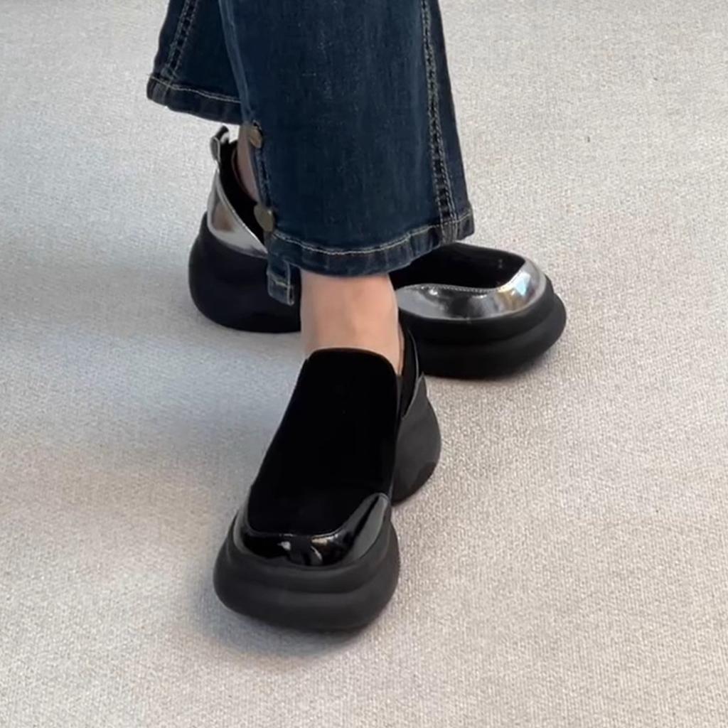 Sheepskin version retro muffin bottom thick sole heightening loafers women's matte leather one pedal round head simple small leather shoes women