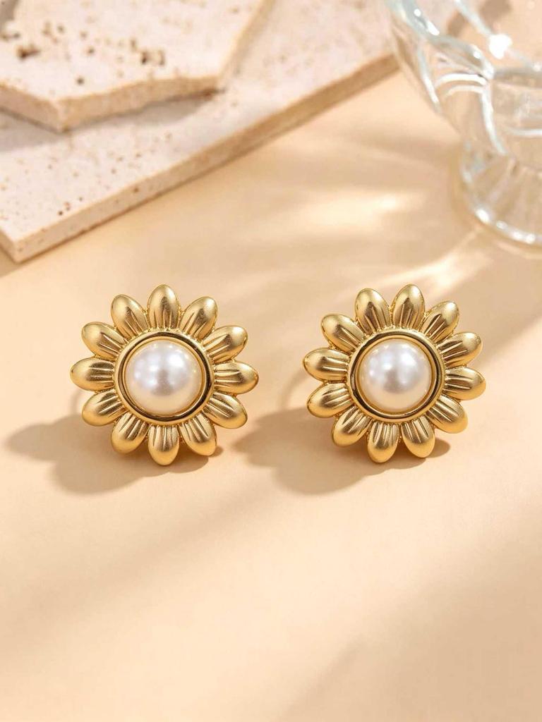 European Retro Pearl Irregular Geometric Stainless Steel Ear Studs