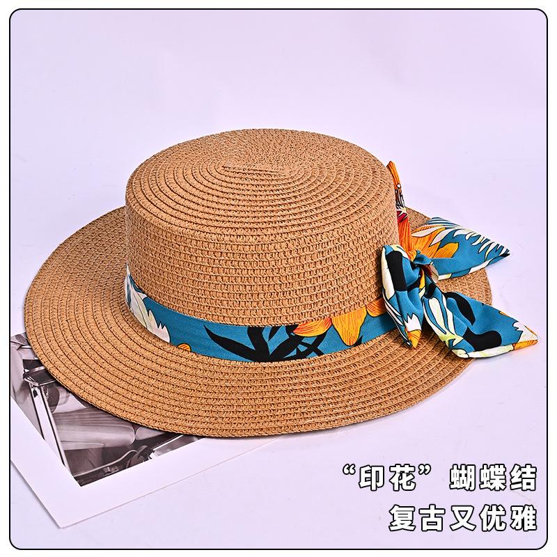

Bohemian Hat Women s Sunscreen Shade Straw Hat Printed Ribbon Flat Top Hat Outdoor Sun Hat One Size