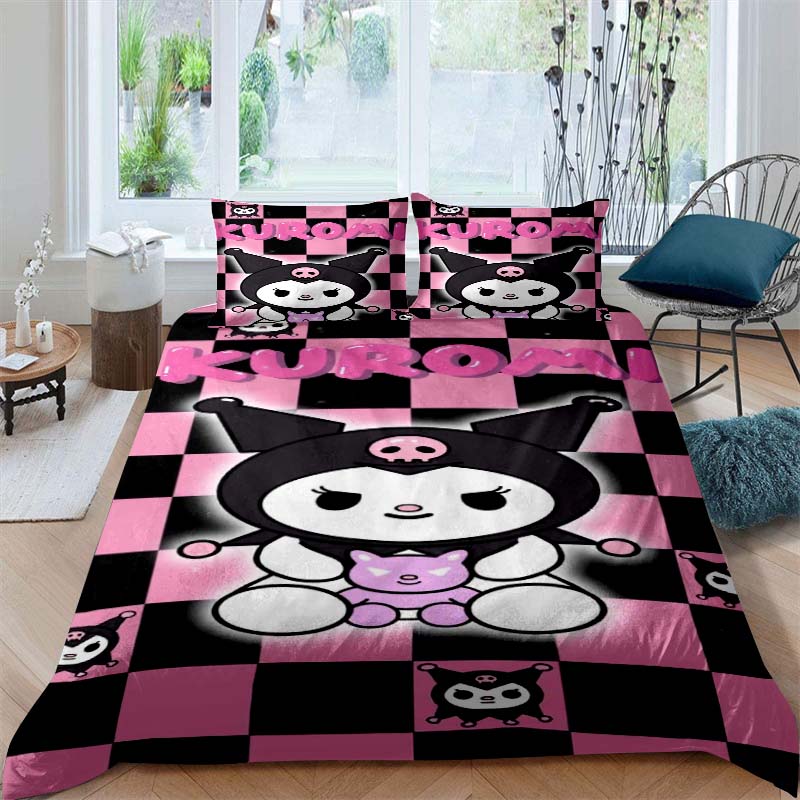 3D Printed Kuromi Cartoon Three-piece Bedding Set, Duvet Cover Set, Includes Pillowcases, No Filling.