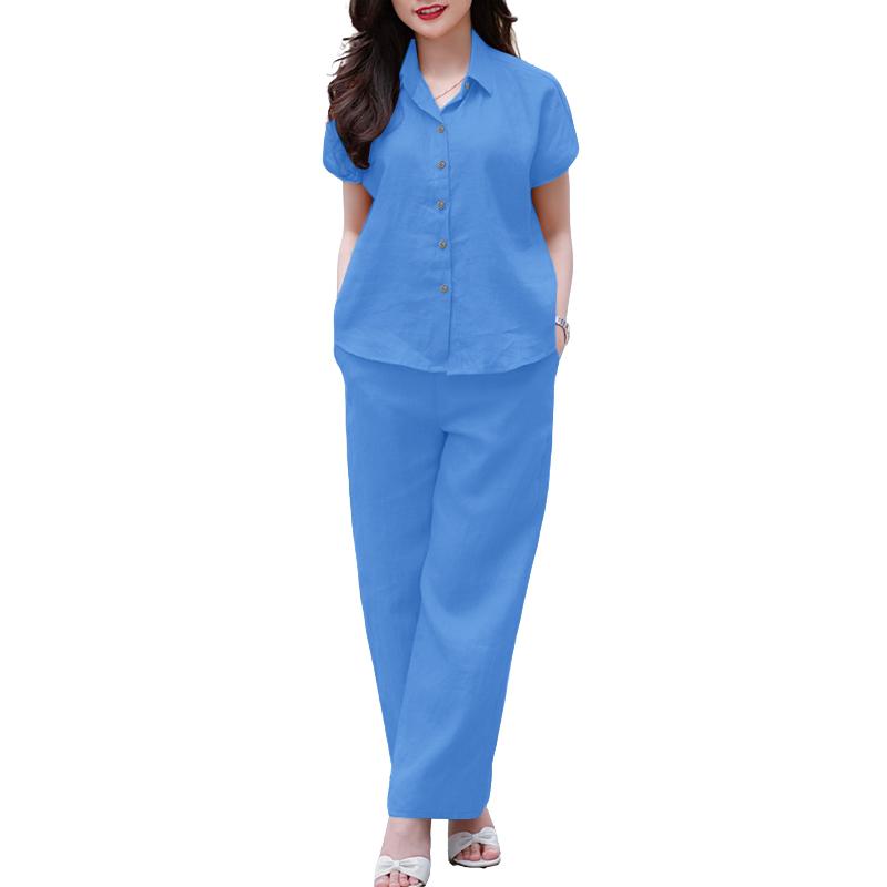 

ZANZEA Женские летние блузки с коротким рукавом и брюки повседневные комплекты из двух предметов 2XL синий