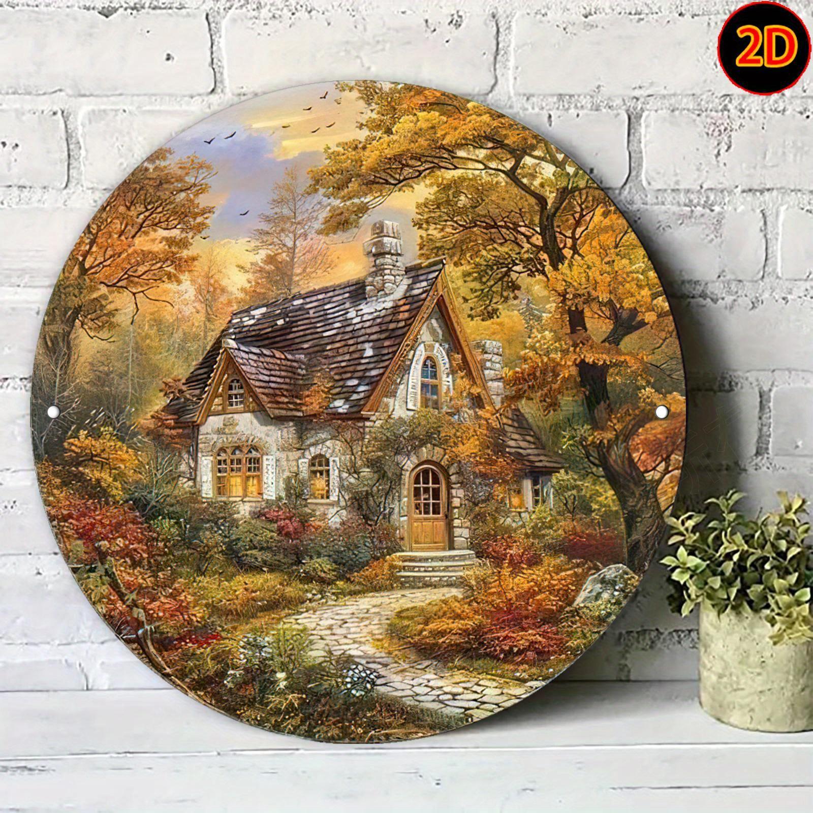 Autumn Cottage in the Woods D Flat Round Metal Sign  Fall Forest Landscape Wall Decor for Home Cabin 20x20cm(8x8inch)