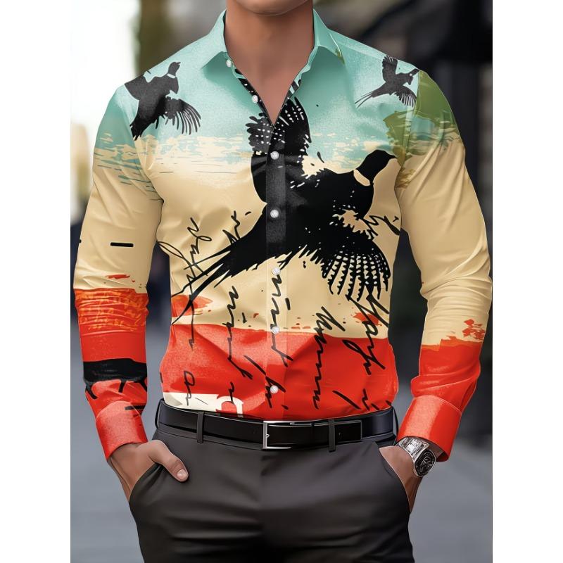 New Blue and White Gradient Geometric Lines Men's Long Sleeved Shirt, Light Luxury Slim Fit Commuting Casual Shirt