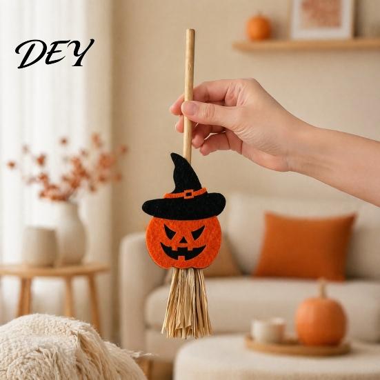 Bat Shape Party Ornament Halloween Mini Broomstick Ornament, Witch Pumpkin Ghost Decor with Natural Grass Miniature Holiday Set Broom, Festive
