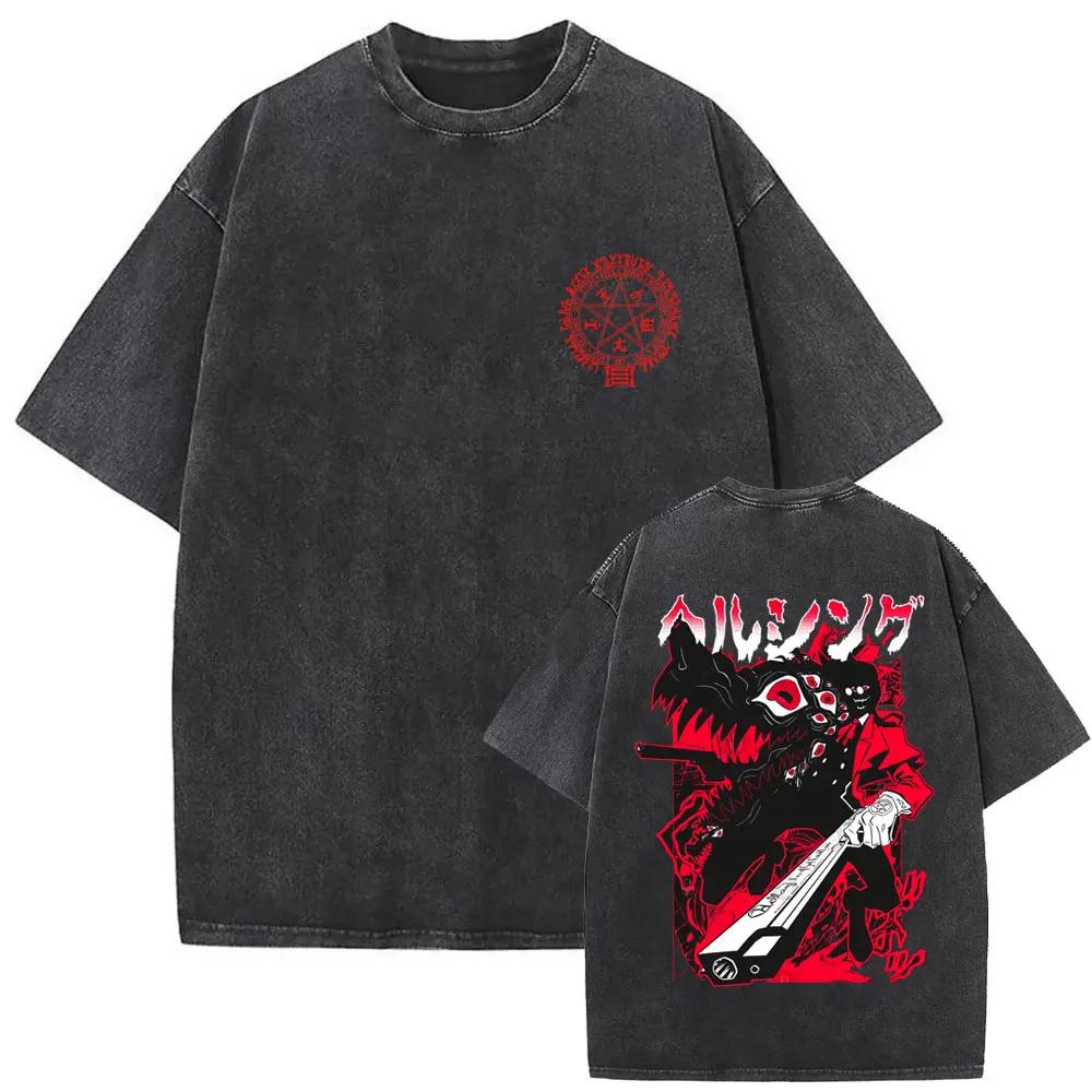 Washed Vintage Anime Hellsing Abraham Van Helsing Vampire Alucard Tshirts Men Women Fashion Casual Oversized T Shirt Streetwear