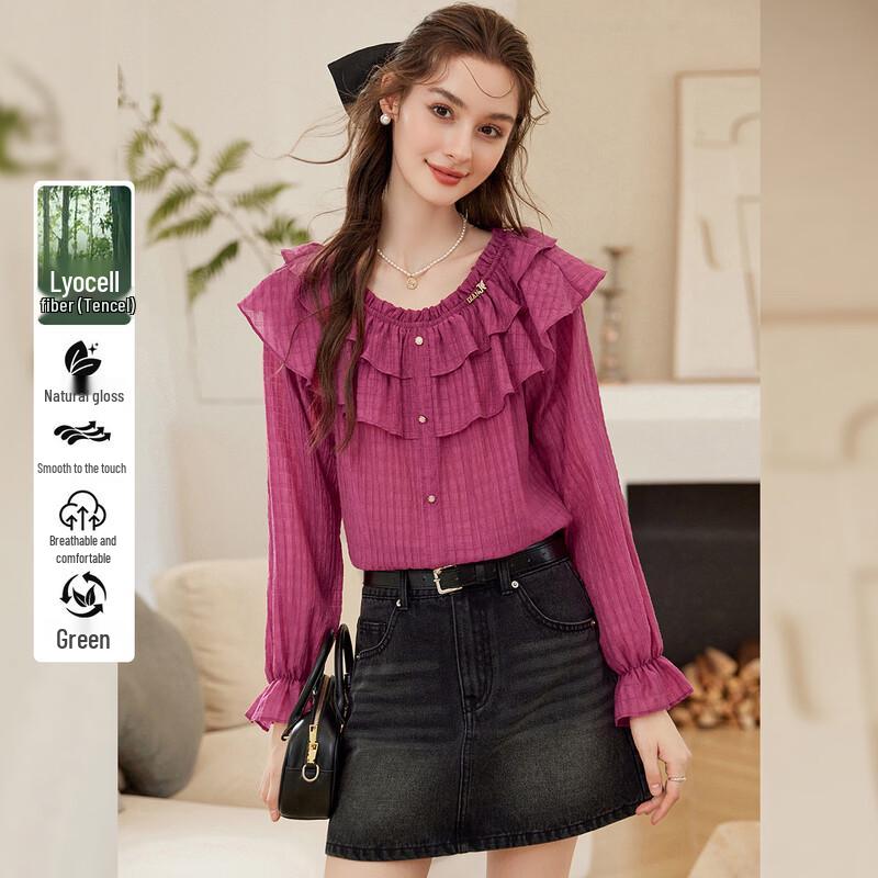 Bailuyu Tiered Ruffle Lyocell Blend Long Sleeve Shirt L