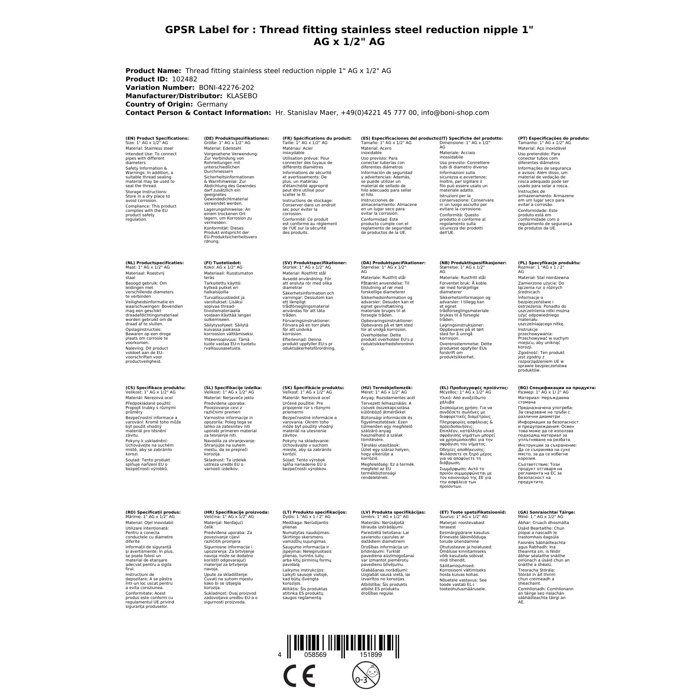 Réduction Inox Filetée 1" x 1/2"