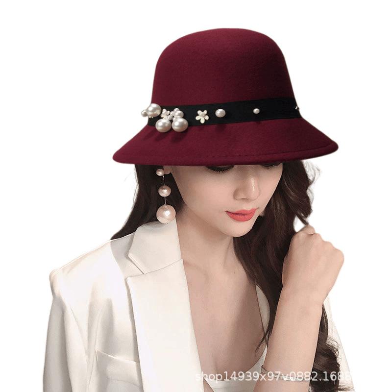 Autumn and winter new women's woolen top hat Hepburn style small brim basin hat pearl decoration French retro fashion shows small face