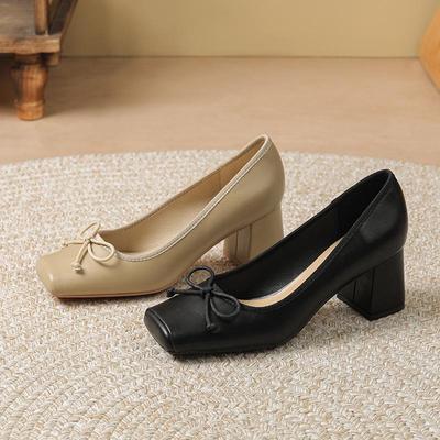 Women's Autumn 2025 Square Toe Chunky Heel Bow Sheepskin Shoes