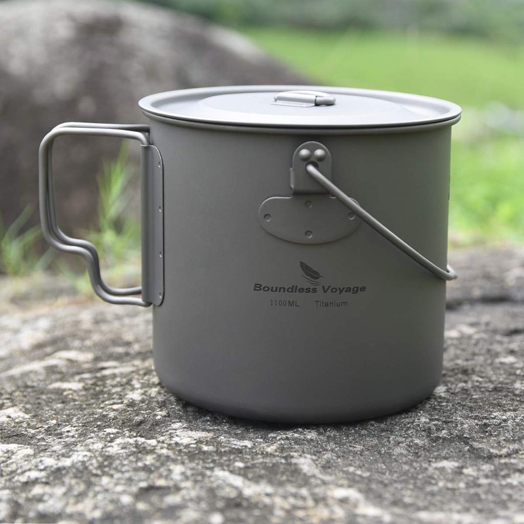 Titanium Single Mug Mug 500ml 900ml 1100ml 1250ml Folding Handle Open Fire Ultra Light Outdoor Camping Titanium Mug Cup (with Lid) (Hanging 1100ml)