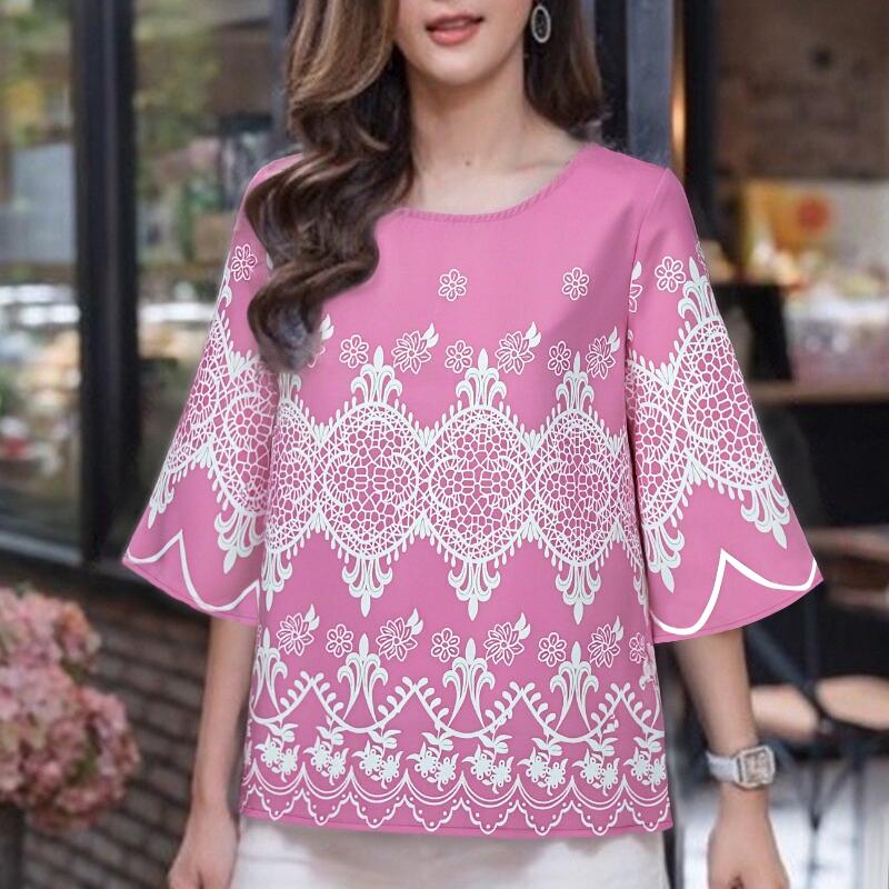 

ZANZEA Женская повседневная блузка с этническим принтом, круглым вырезом и рукавами 3/4, свободного кроя 5XL розовый