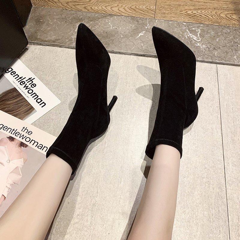 Pointed Toe Women Sock Short Boots Fashion Slip On Shoes Autumn Winter Thin High Heel Women's Ankle Booties