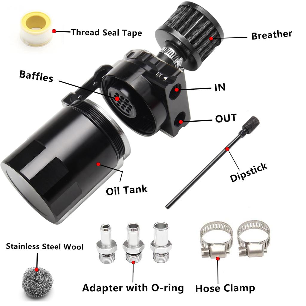 Car Baffled Aluminum Oil Catch Can Reservoir Tank with Air Filter Breather Baffled Fittings Breathable Kettle