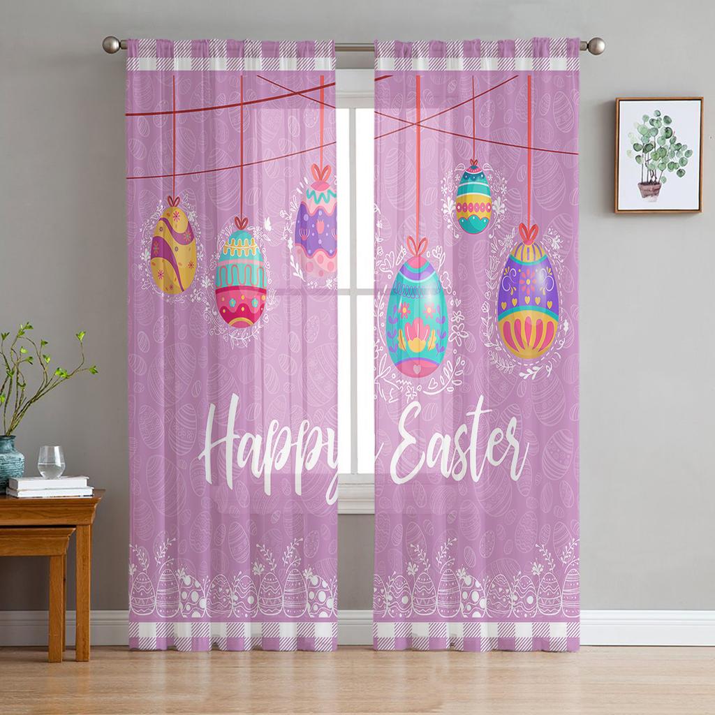 Easter Retro Farm Style Bunny Sheer Curtains for Bedroom Living Room Festival Decor Cute Rabbit Kitchen Window Tulle Curtain