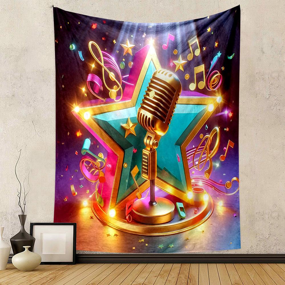 "Colorful Music Star and Microphone Design" Patterned Tapestry Decorative Wall Hanging, Home Bedroom Living Room Decor