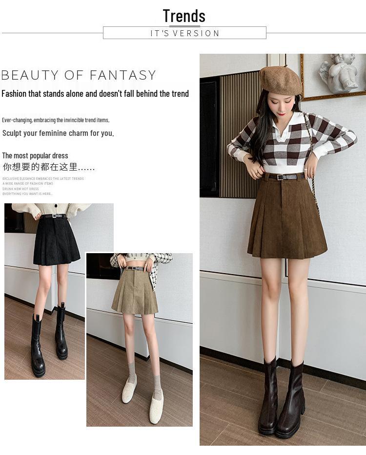 Women's High-Waisted Corduroy Wool Pleated A-line Skirt with Anti-Exposure Shorts - 2025 Autumn/Winter Collection
