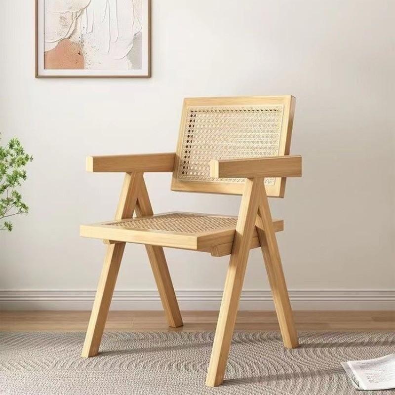Mid-Century Rattan Chairs Living Room & Kitchen Wooden Chair with Hand-Woven Rattan Backres Home Leisure Chair