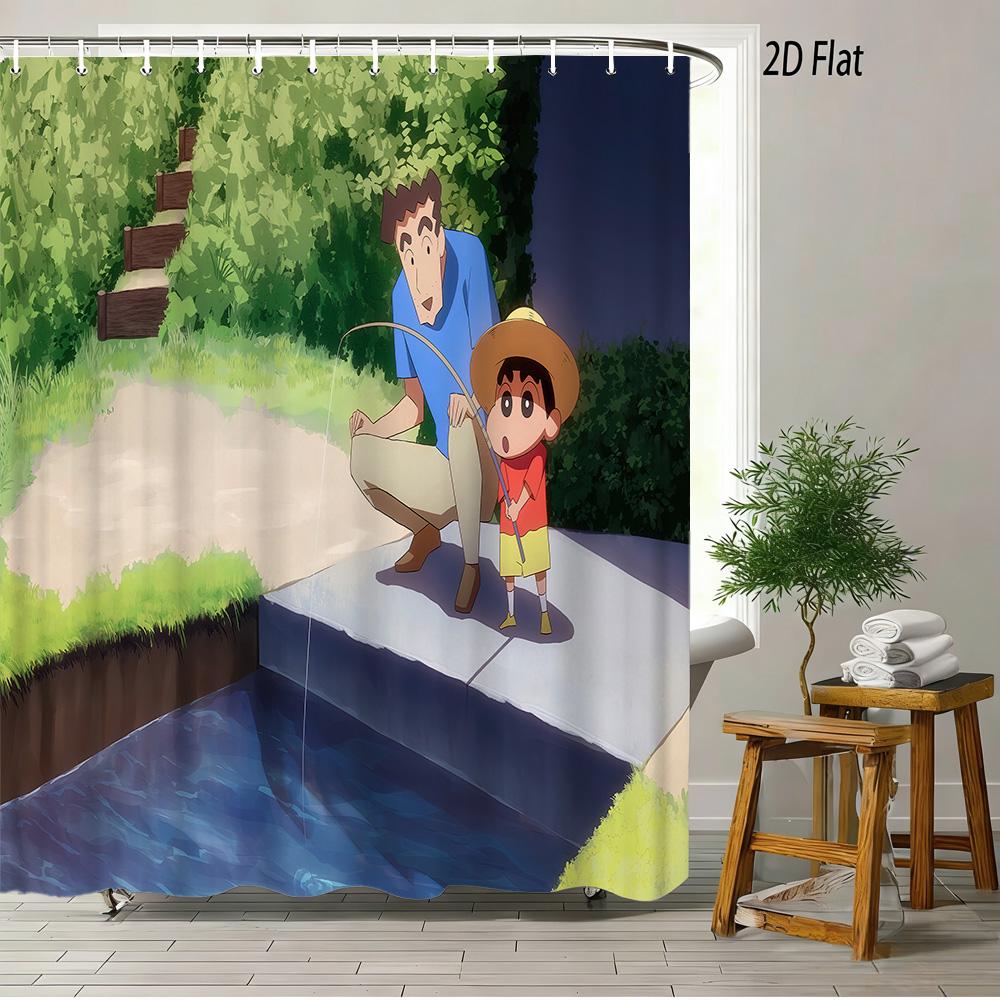Crayon Shin-Chan Ufo & Shiro 2D Print Waterproof Shower Curtain, Green Anime Bathroom Decor With Hooks