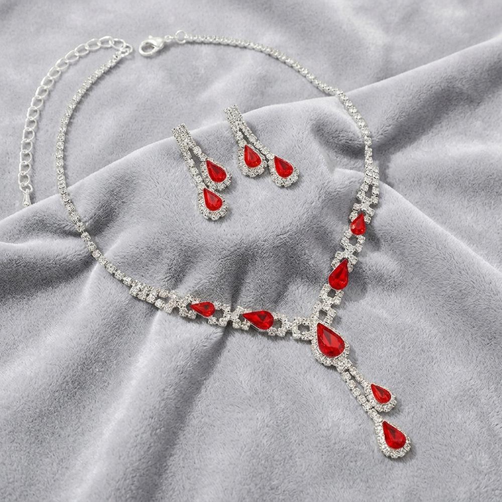Korean version of bride copper full diamond water drop necklace clothing accessories fashion versatile red jewelry light luxury jewelry set