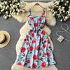 Holiday Style Print Suspender Skirt Women's Summer New Waist and Thin French Chiffon Floral Dress