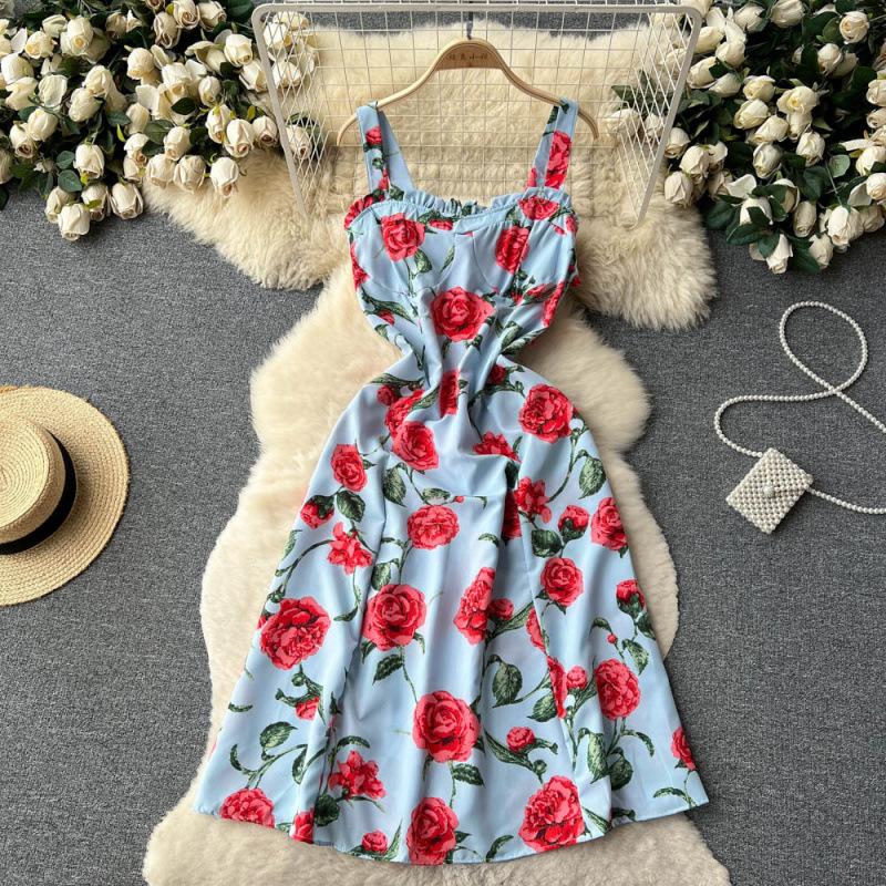 Holiday Style Print Suspender Skirt Women's Summer New Waist and Thin French Chiffon Floral Dress