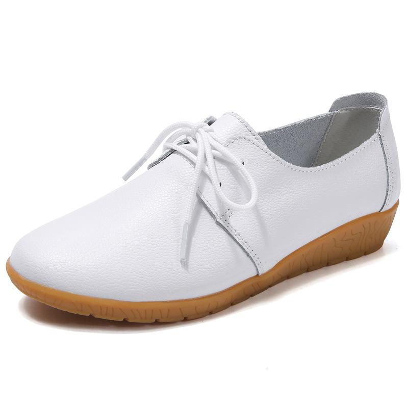 Spring New Genuine Leather Women's Shoes Lace-up Wedge Casual White Shoes Women's Soft Sole Work Shoes Round Toe Non-slip Single Shoes Women