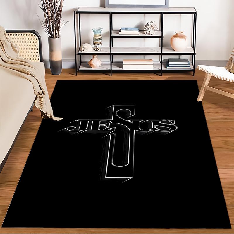 Cross Design with JESUS Text Non-slip rug suitable for living room and bedroom sofas.