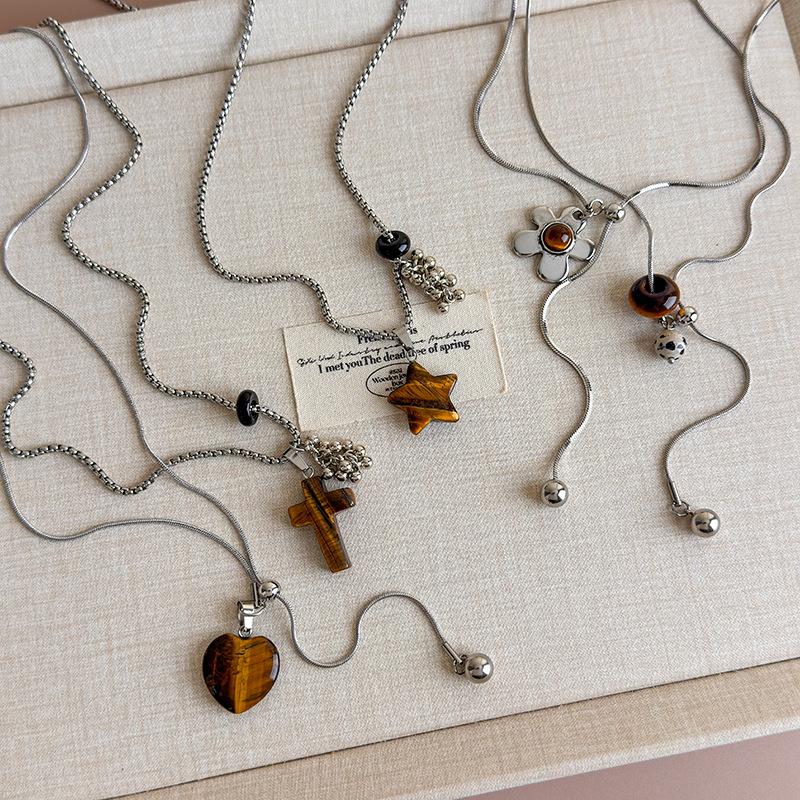 Spotted Tiger Eye Stone Mushroom Brown Heart Star Cross Flower Pendant Long Clavicle Chain Necklace Women Exquisite Accessories