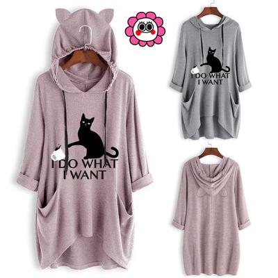 Frauen Casual Print Katze Ohr Mit Kapuze Lange Ärmel Tasche Unregelmäßige Top Bluse Shirt