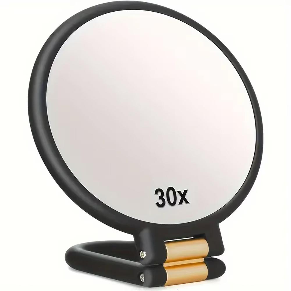 Dual-Sided Portable 360° Adjustable Makeup Mirror 1X/30X Magnifying Handheld Travel-Friendly Sleek Black Gold Frame