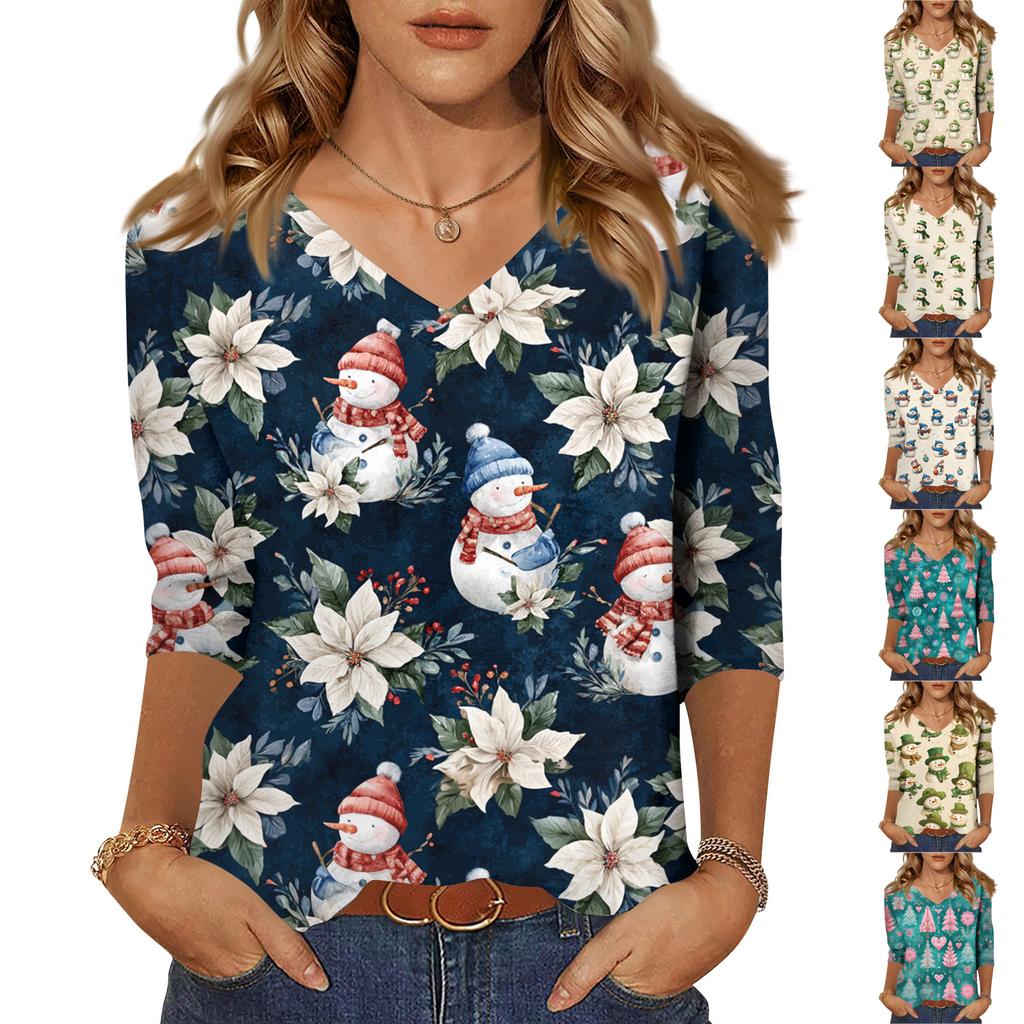 Women's Tops Three-quarter Sleeve Shirt V-neck Loose Casual Shirt Print T-shirt