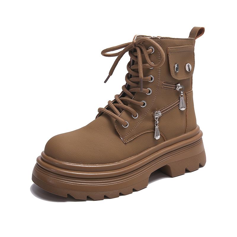 

2024 Новые черные британские короткие ботинки женские на толстой подошве на шнуровке до середины икры кожаные ботинки повседневные универсальные зимние нескользящие туфли женские 40 коричневый