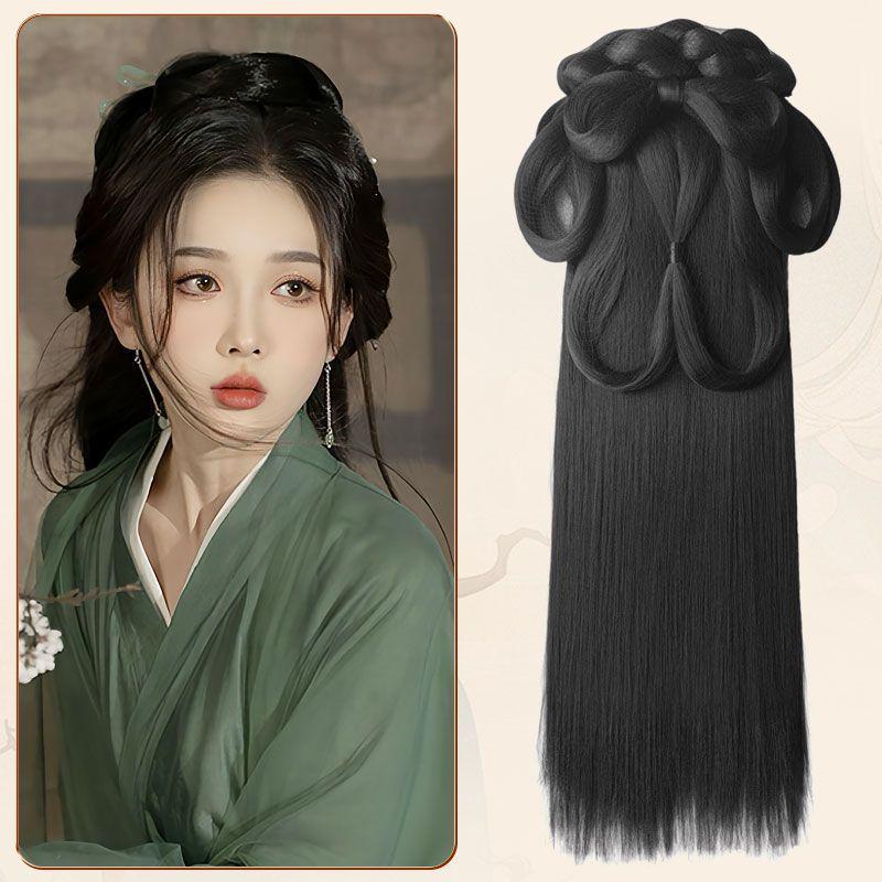 Wei Jin Headdress & Hanfu Costume Wig Set: Includes Warring States Robe, Hair Bun, Ma Mian Skirt, and Hair Accessories.