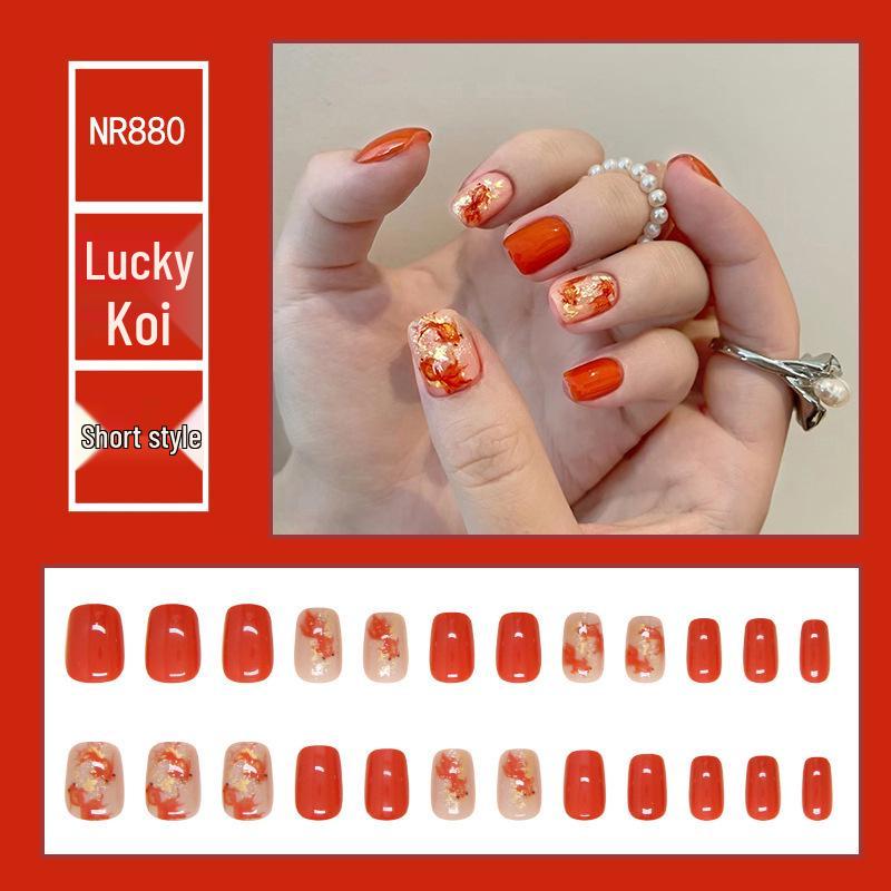 

Красные кои отбеливающие наклейки для ногтей: 24 съемных, коротких накладных ногтя