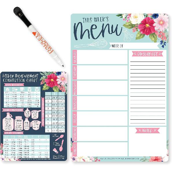 Hadley Designs Weekly Meal Planner Dry Erase Board for Refrigerator, Floral Magnetic Weekly Menu Board for Kitchen Conversion Chart, Meal Planner for