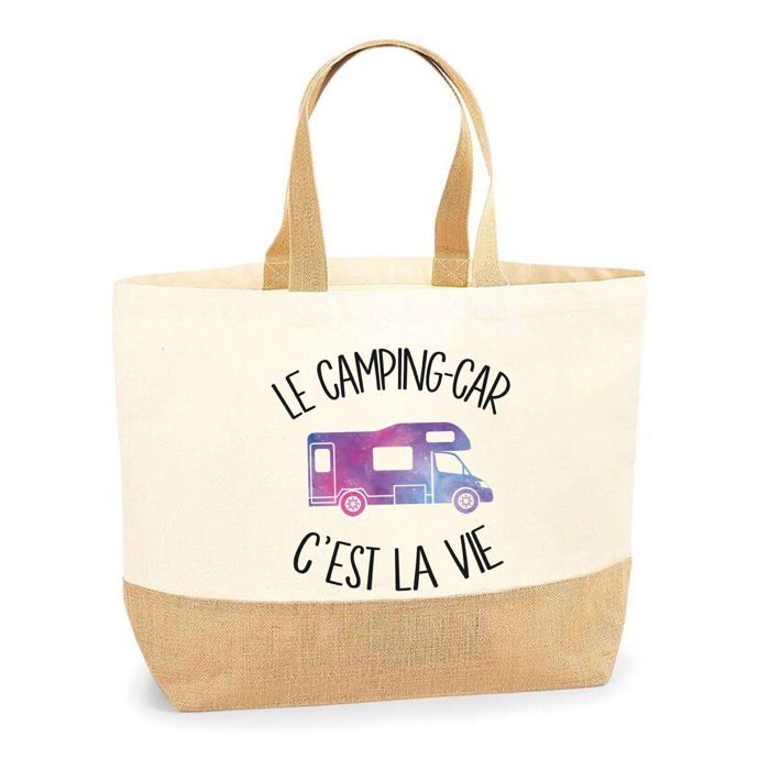 Sac en jute (tote bag) - PLANETEE - Camping car c'est la vie - Motif camping-car - Jute naturel - Fabriqué en France
