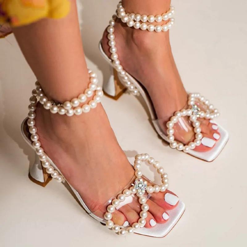 Fashion Ladies Pink Blue Pearl Bow Sandals Wine Glass Heel Shaped Heel Square Toe Large Size 37-42 Pearl Ankle Strap Sandals Footwear