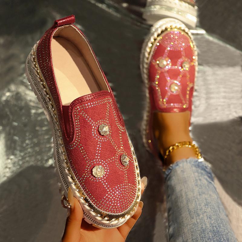 Fashion Large Shiny Crystal Decor Casual Shoes Woman Plus Size Thick Sole Non Slip Flats Mujer Women's Light Comfort Platform Loafers