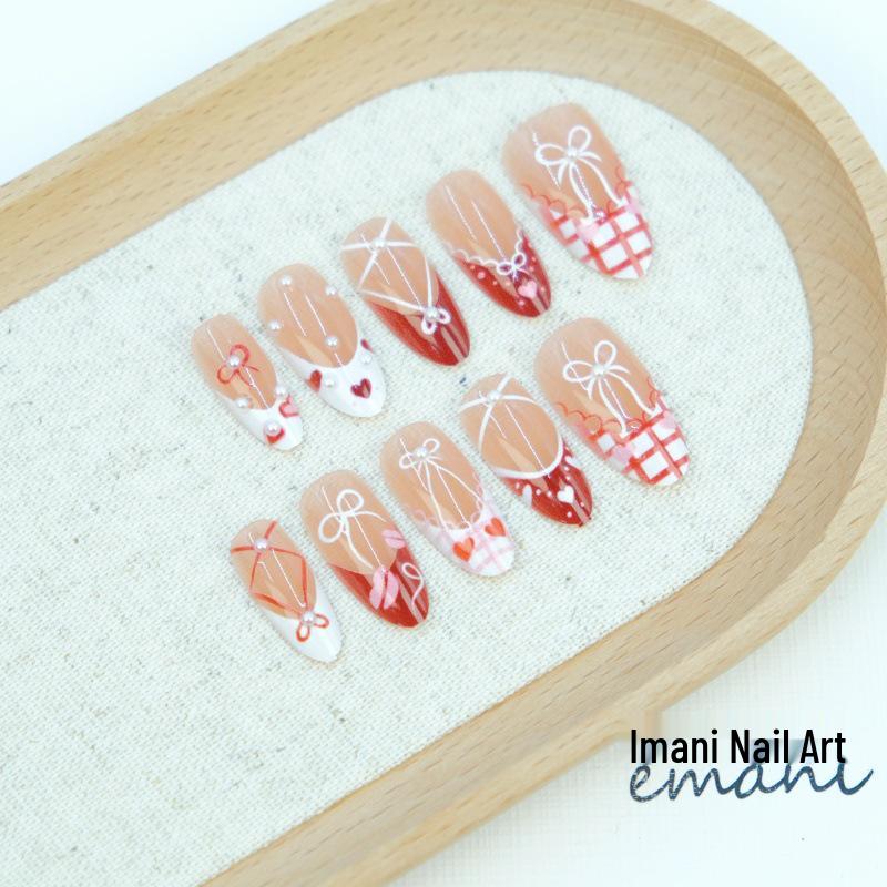 30-Piece Valentine s Day French Manicure Set with Sweetheart Bow, Cute Plaid Almond Tips