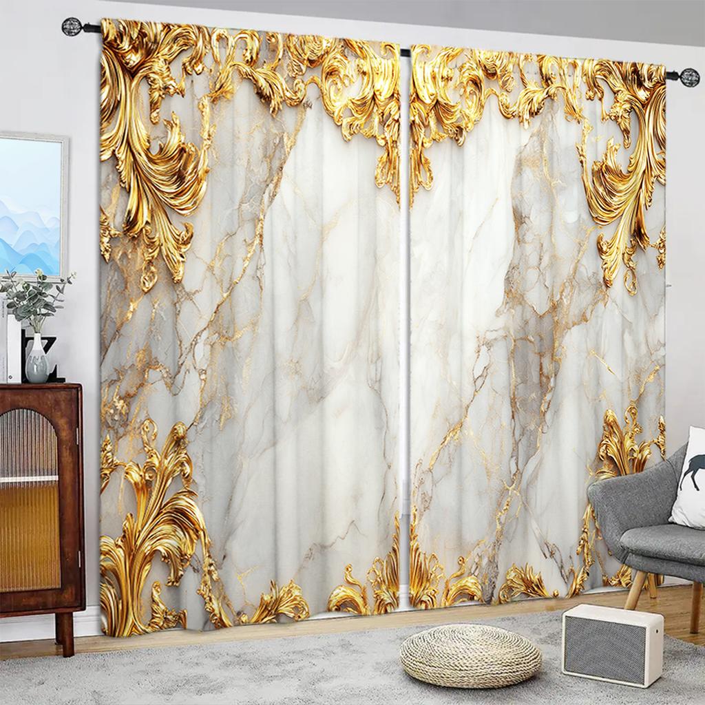 2pcs Gold Inlaid Marble Printed Curtain for Home Decor - Rod Pocket Window Treatment for Bedroom   Office   Kitchen   Living Room