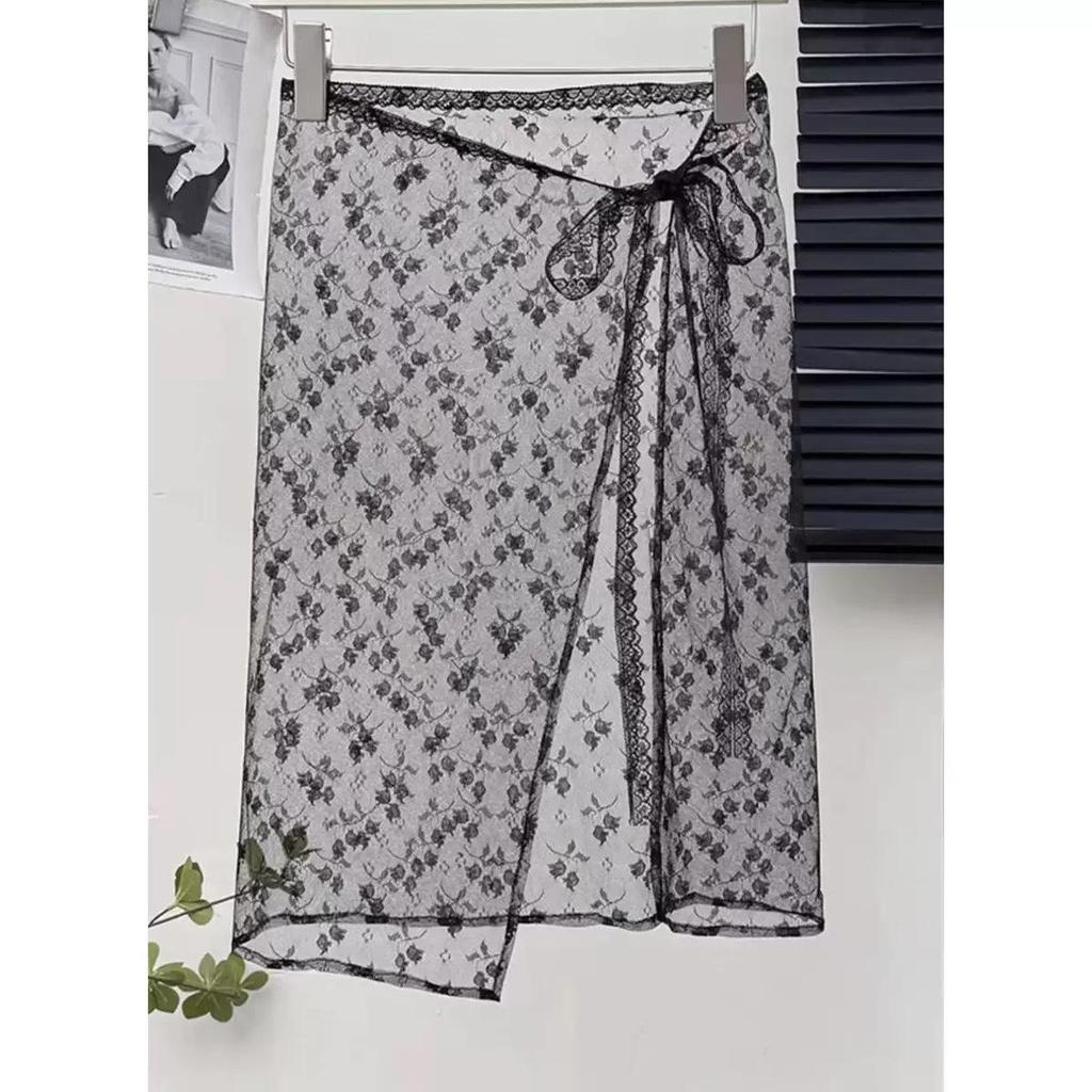 Korean Lace Embroidered Waistband Tulle Skirt with Layered Scarf Accessory