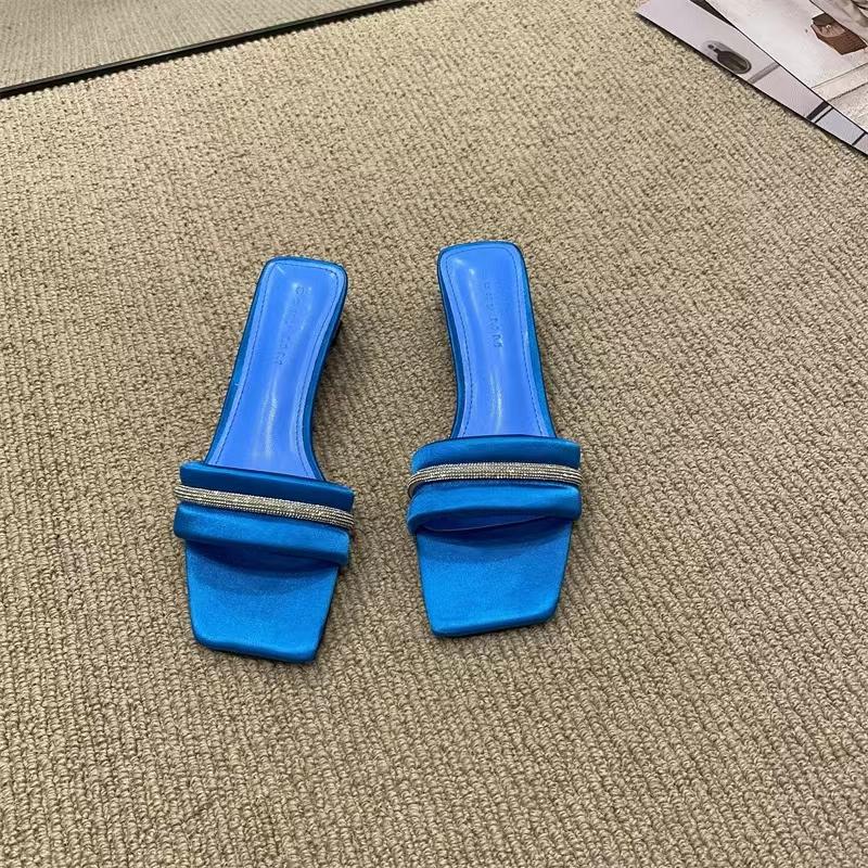 Women's Slippers 2024 New Summer Square Toe Outerwear Fashion Sequined Low-heeled Slippers Flip Flops Pantuflas De Mujer