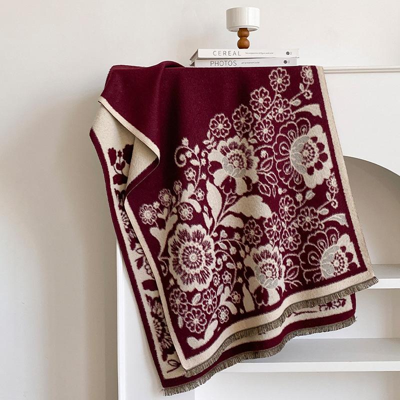 Art sense retro jacquard double-sided shawl scarf imitation cashmere fringed edge autumn and winter with coat atmosphere wear