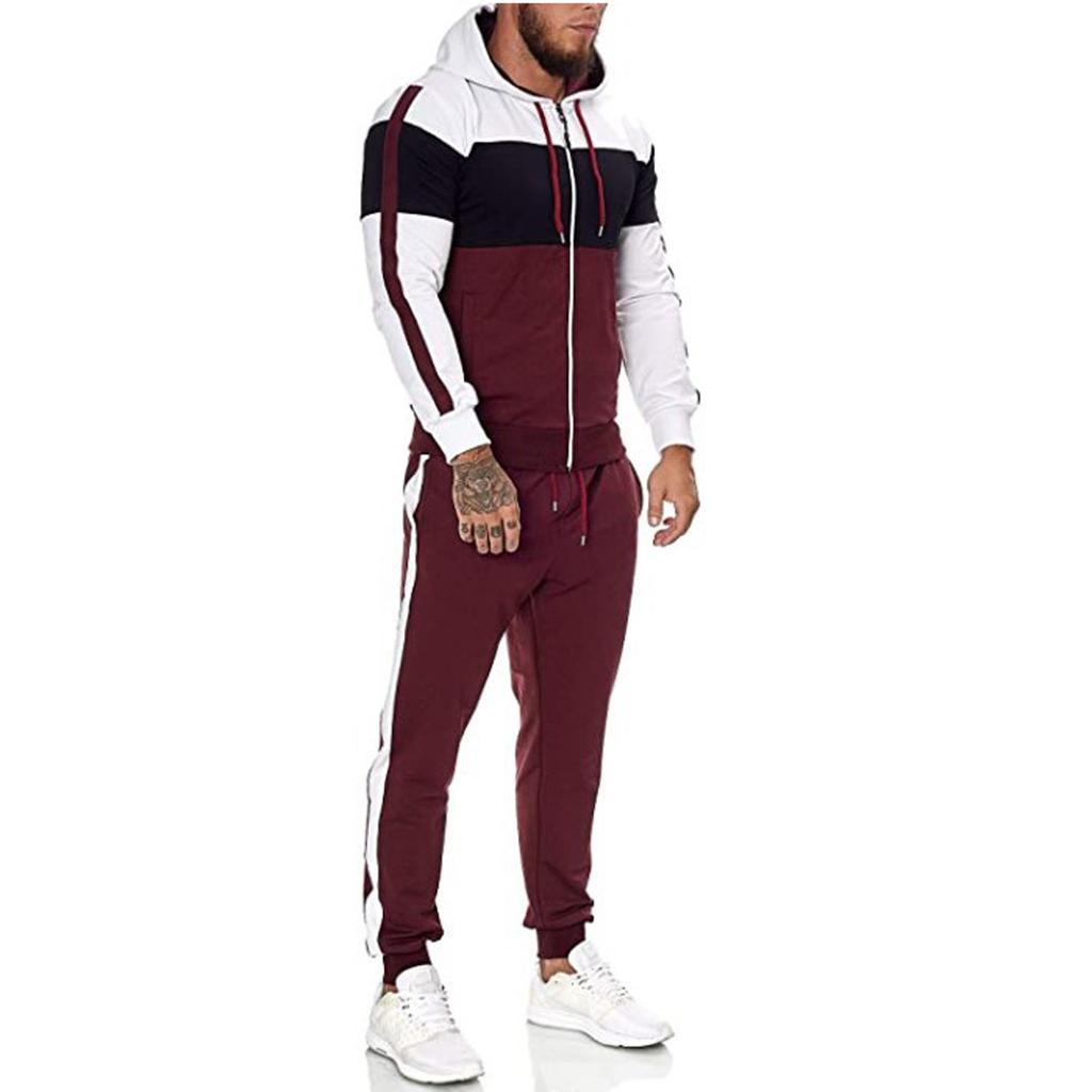Men's fashion leisure color Patchwork sports fitness Hoodies pants suit