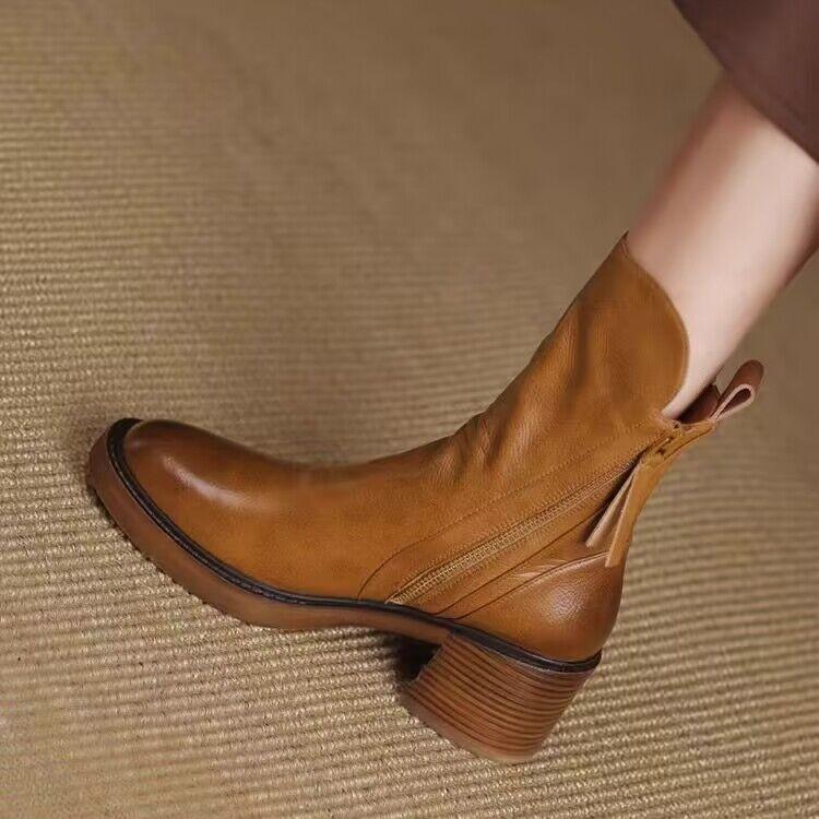 Original: Chelsea Boots Autumn Coarse Heel Brown Short Boots Women's British Style Handsome Martin Boots Leather Boots
